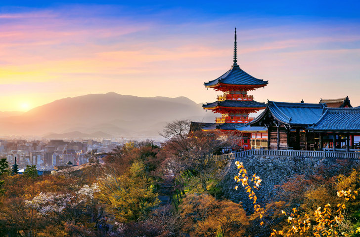 Kyoto Kiyomizu Temple And Red Pagoda Sunset